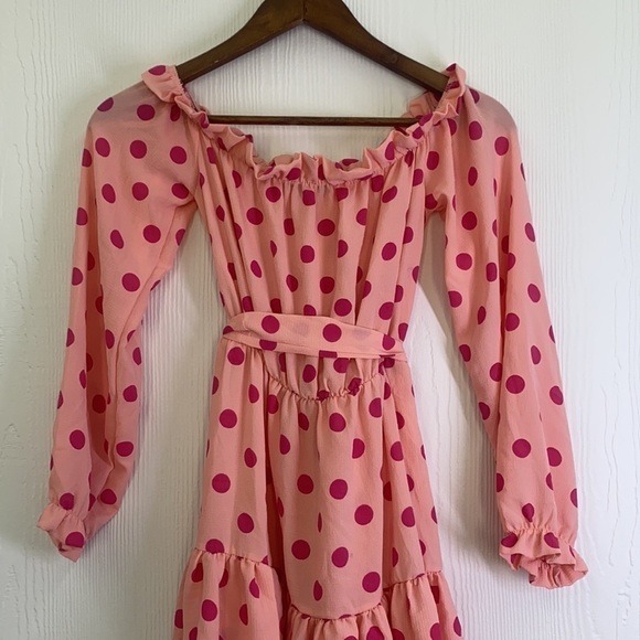 PrettyLittleThing- Dusty Pink Polka Dot Bardot Tie Waist Shift Dress Size 2 - Picture 10 of 13
